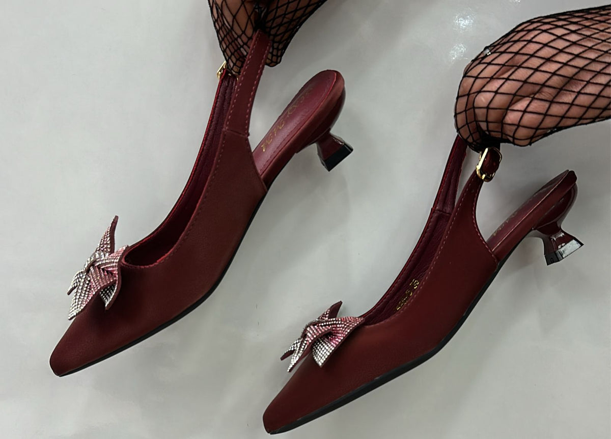 Rhinestone-bow Slingback Kitten Heels