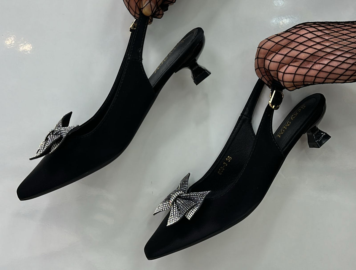 Rhinestone-bow Slingback Kitten Heels