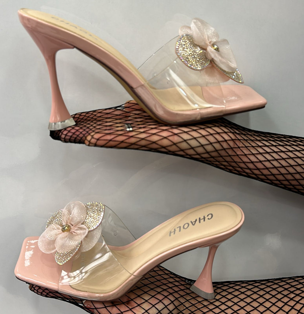 CHAOLH Open Toe Floral Embellished High Heels