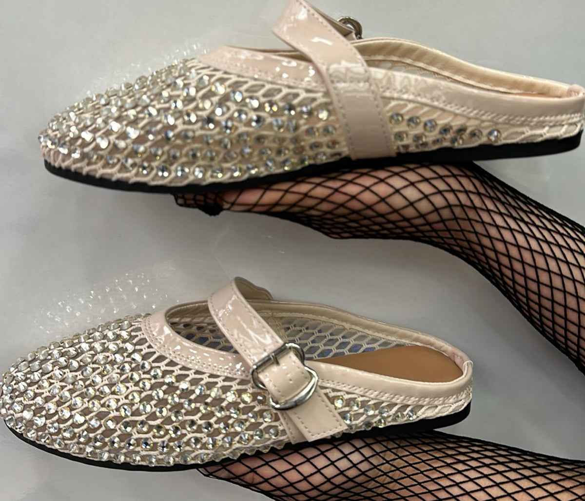 Mesh Rhinestone Fishnet Ballet Flats