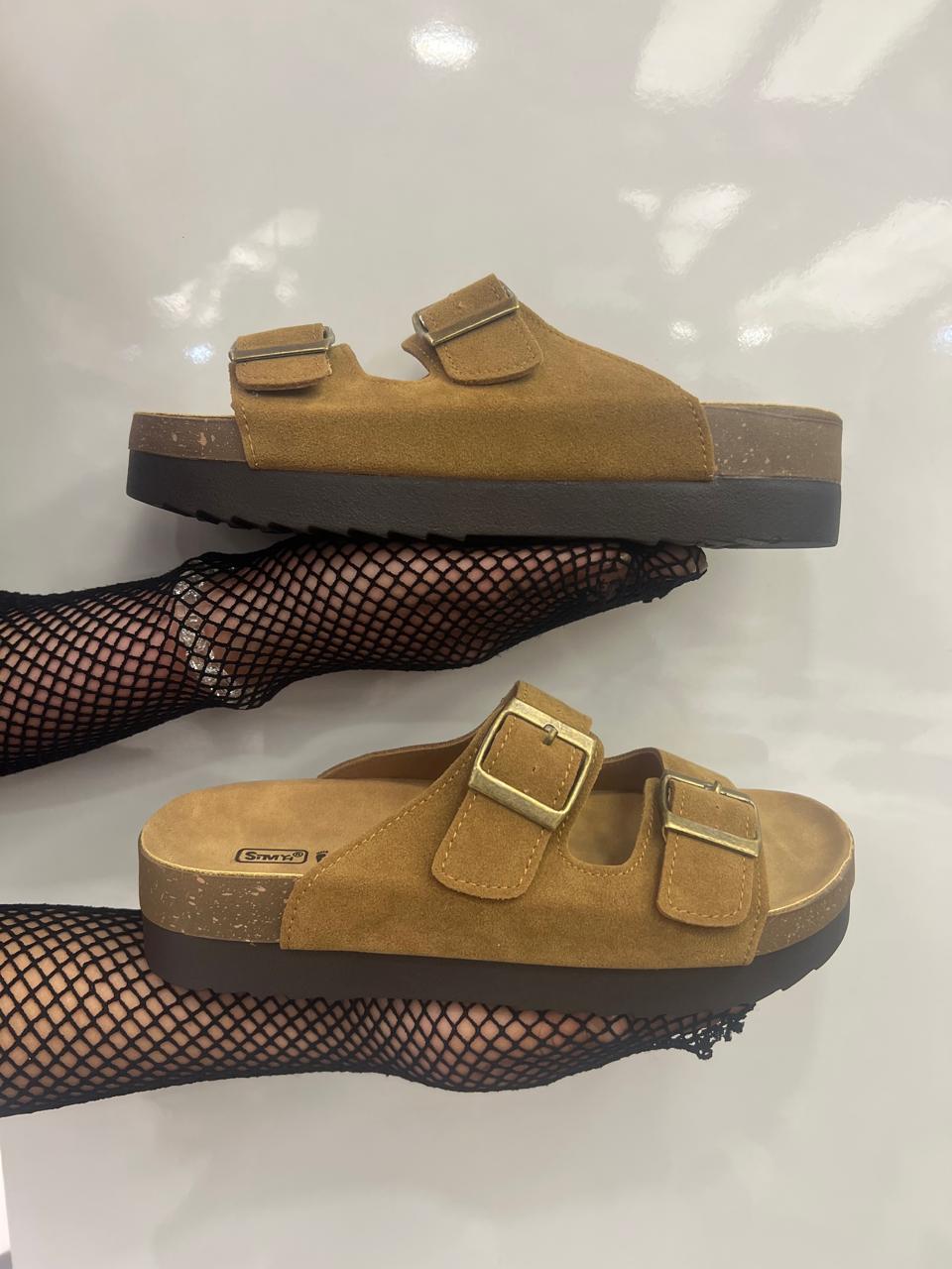 Double-buckle cork footbed sandals