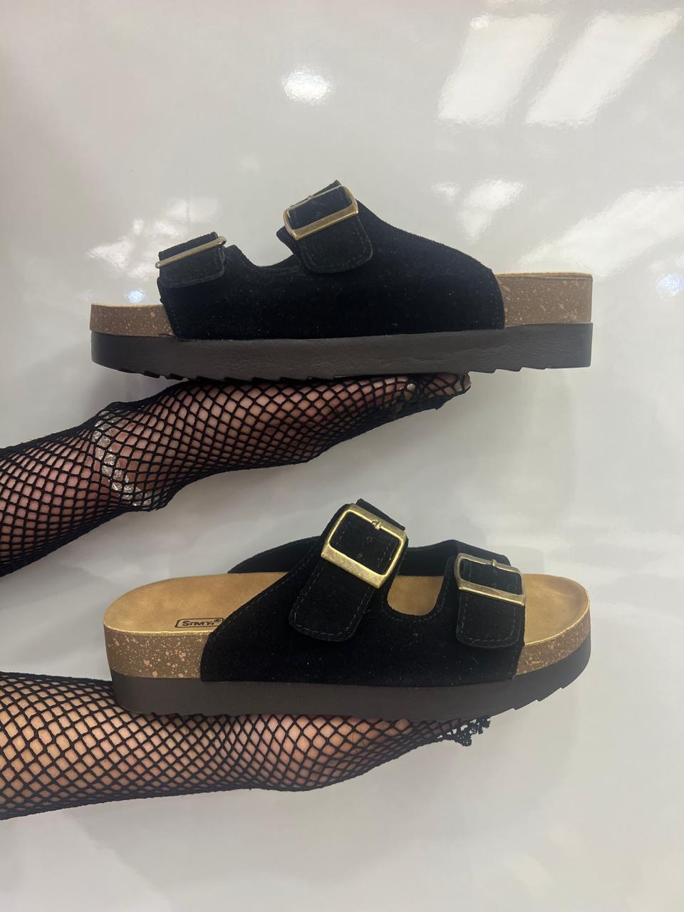 Double-buckle cork footbed sandals
