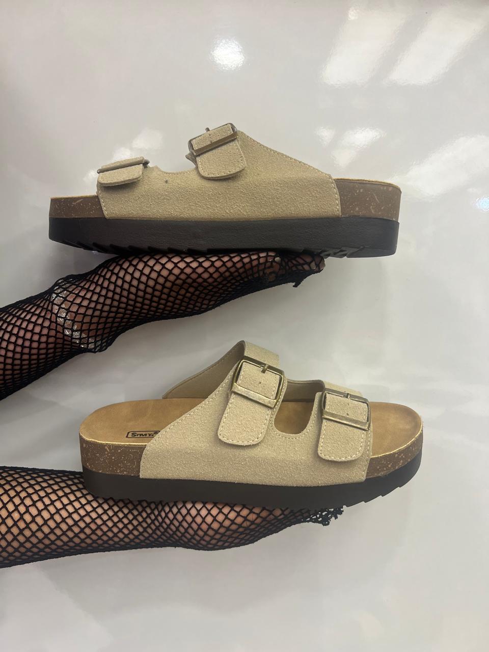 Double-buckle cork footbed sandals