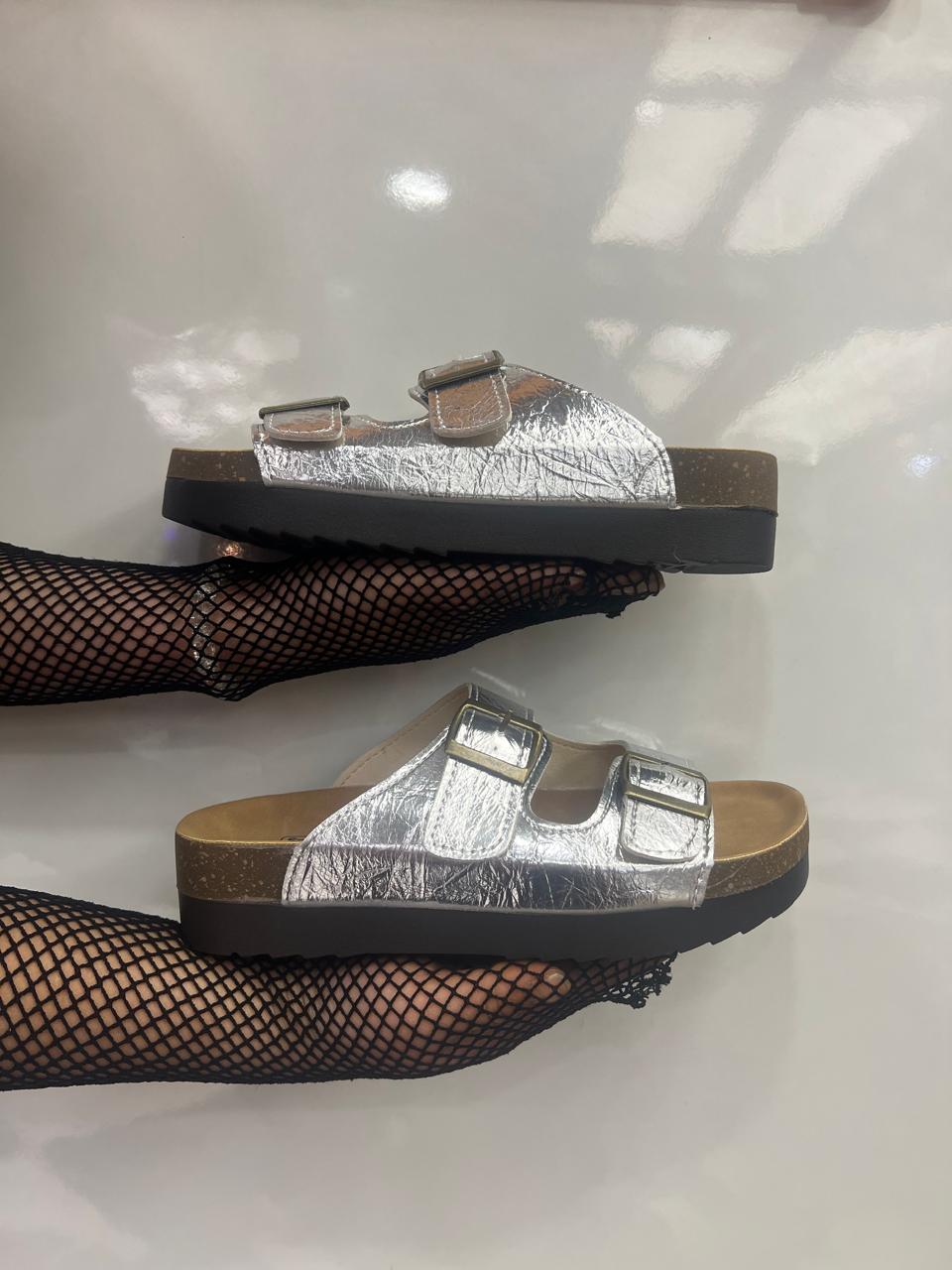 Double-buckle cork footbed sandals