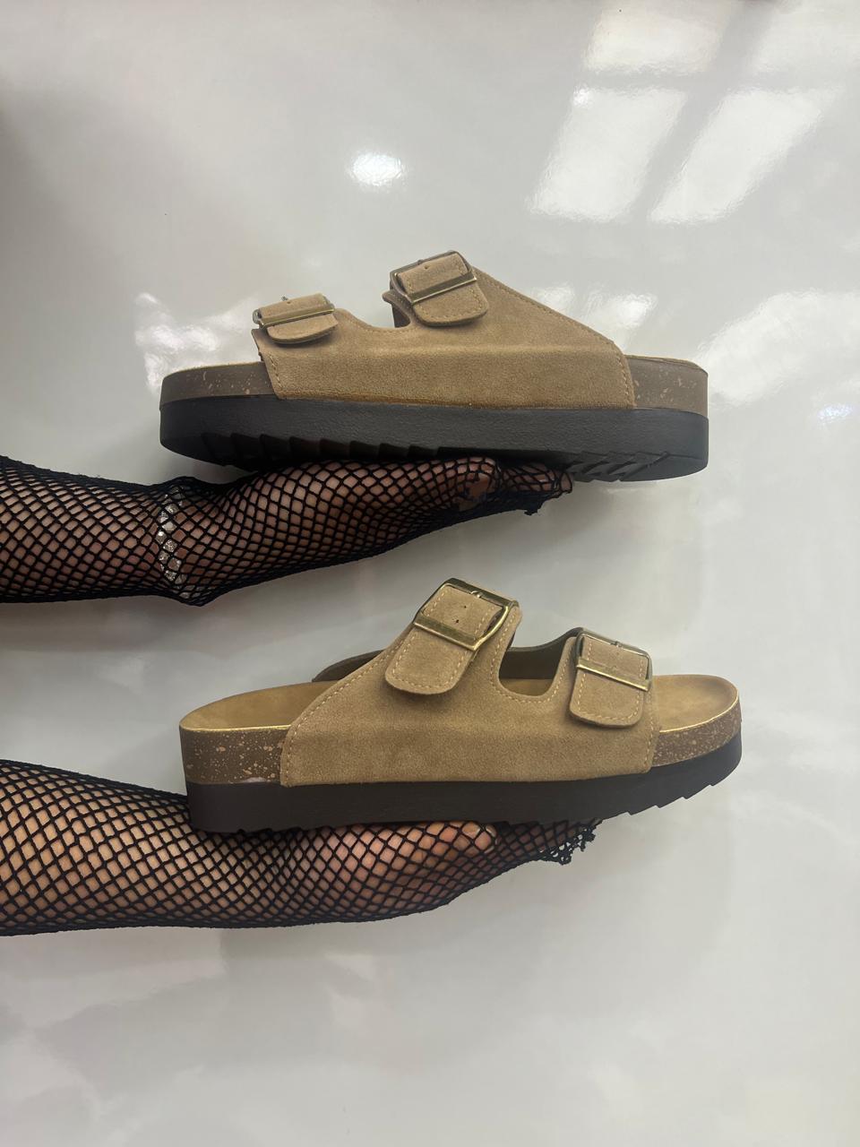Double-buckle cork footbed sandals