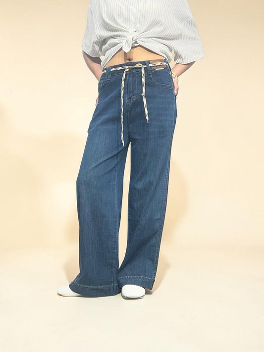 Medium-Blue Vintage-wash Drawstring Waist Jeans