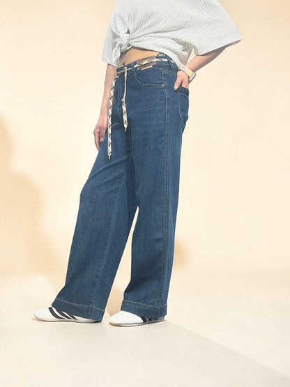 Medium-Blue Vintage-wash Drawstring Waist Jeans