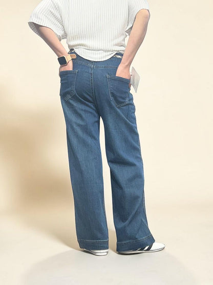 Medium-Blue Vintage-wash Drawstring Waist Jeans