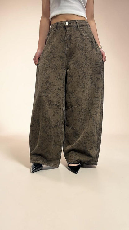Dark-brown Barrel-Leg Balloon Jeans