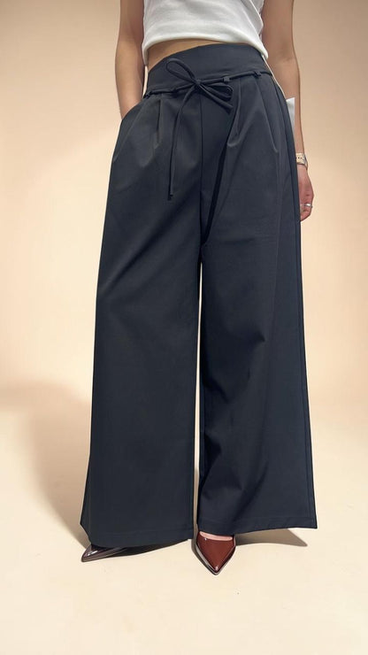Black Tie-Waist Wide-Leg Trousers