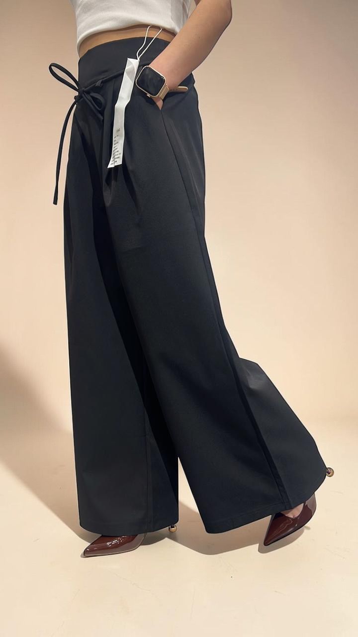 Black Tie-Waist Wide-Leg Trousers