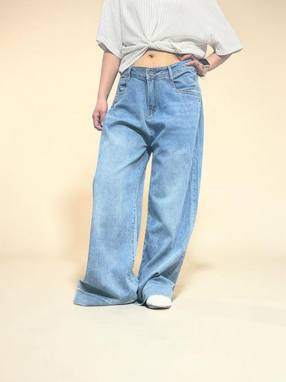 Light-wash Mid-rise Wide-Leg Loose Jeans