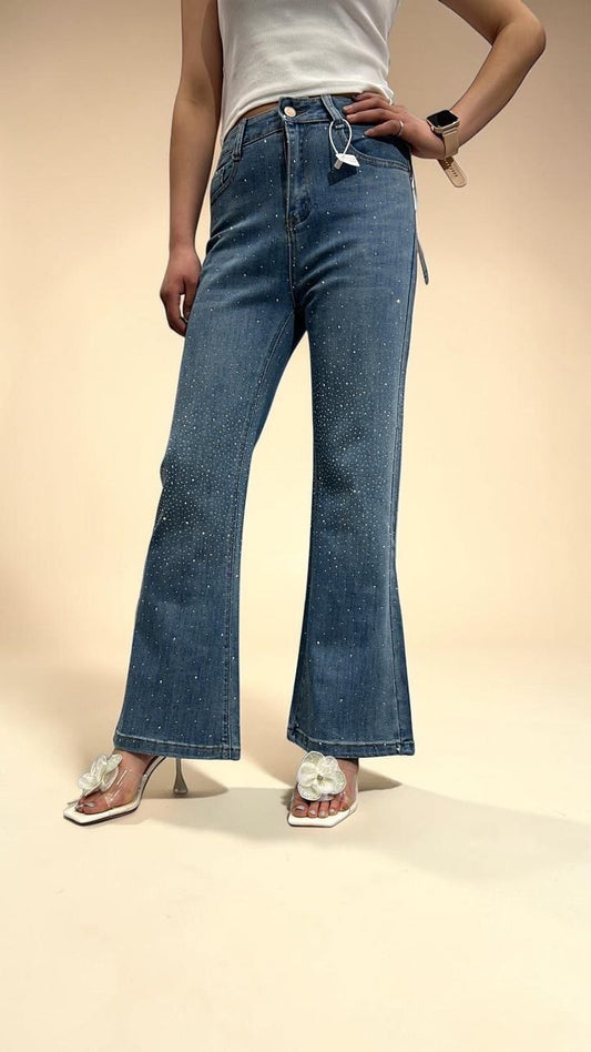 High-Rise Rhinestone Flare Jeans