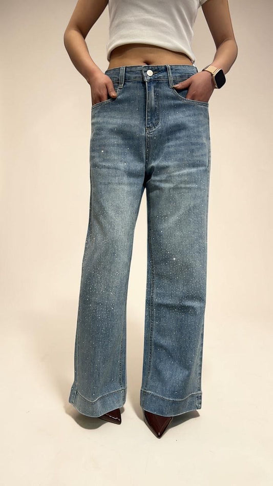 Vintage-wash Rhinstone Straight-Leg Jeans