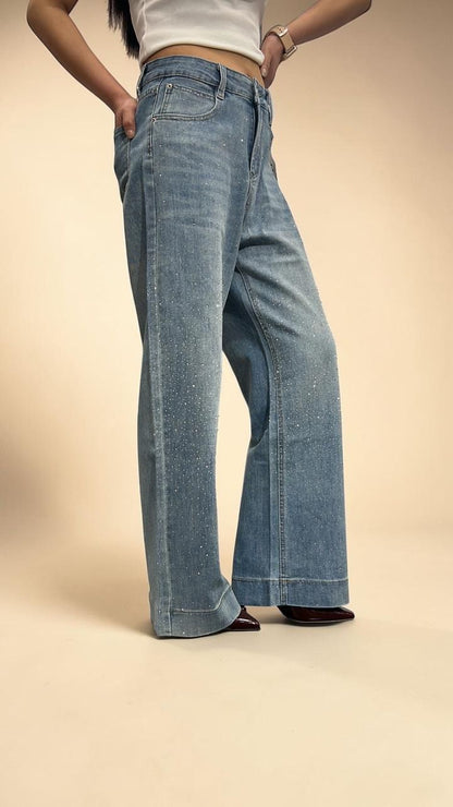 Vintage-wash Rhinstone Straight-Leg Jeans
