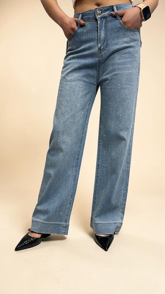 High-Waisted Rhinestone Straight-Leg Jeans