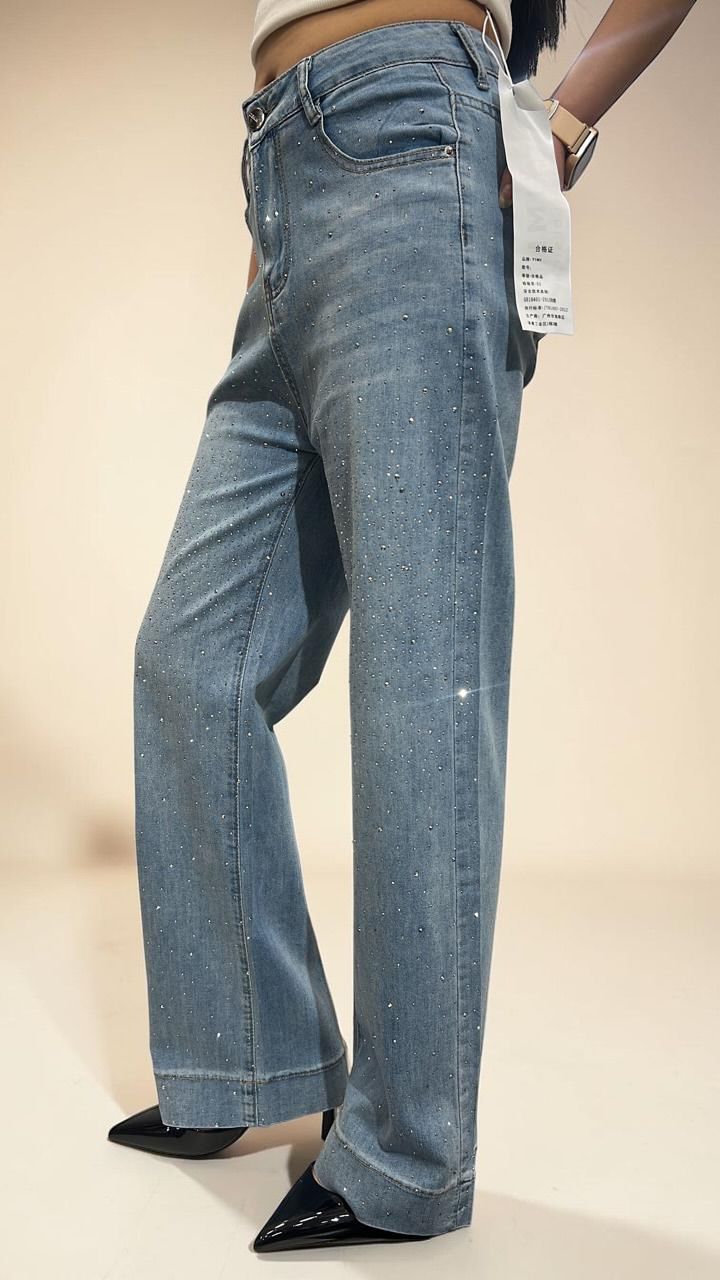 High-Waisted Rhinestone Straight-Leg Jeans