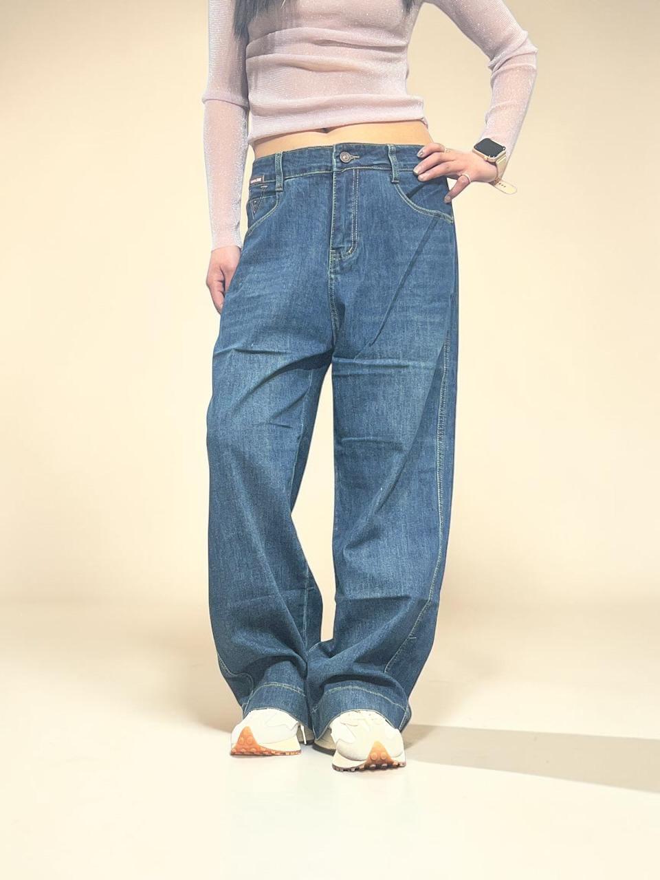 Medium-dark blue wash High-waisted Baggy Straight Jeans