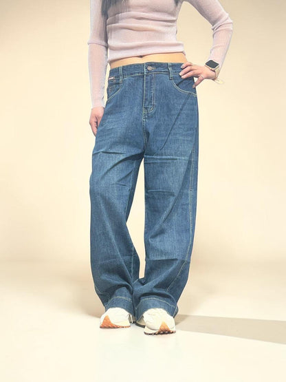 Medium-dark blue wash High-waisted Baggy Straight Jeans