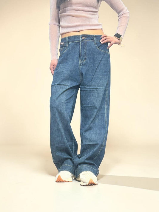 Medium-dark blue wash High-waisted Baggy Straight Jeans