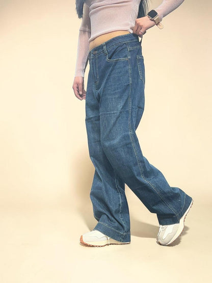 Medium-dark blue wash High-waisted Baggy Straight Jeans