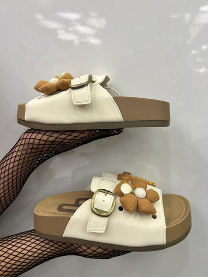 Taupe Floral Charm Buckle Slide