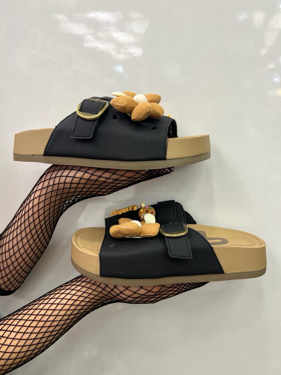 Taupe Floral Charm Buckle Slide