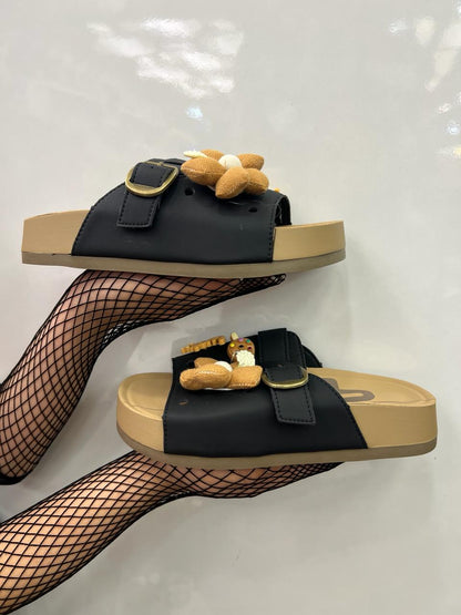 Taupe Floral Charm Buckle Slide