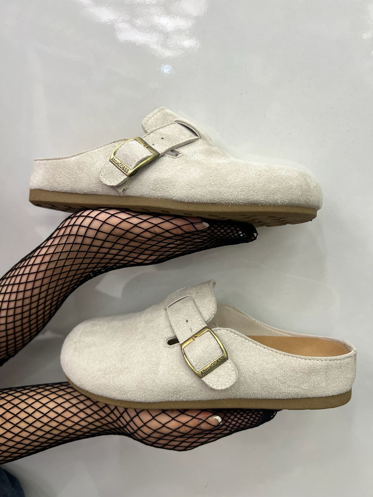 Camel Suede Buckle Clogs