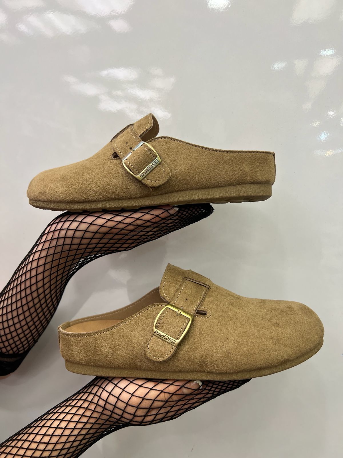 Camel Suede Buckle Clogs