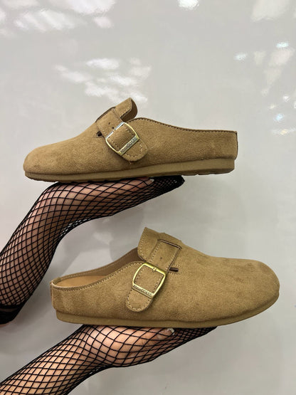 Camel Suede Buckle Clogs