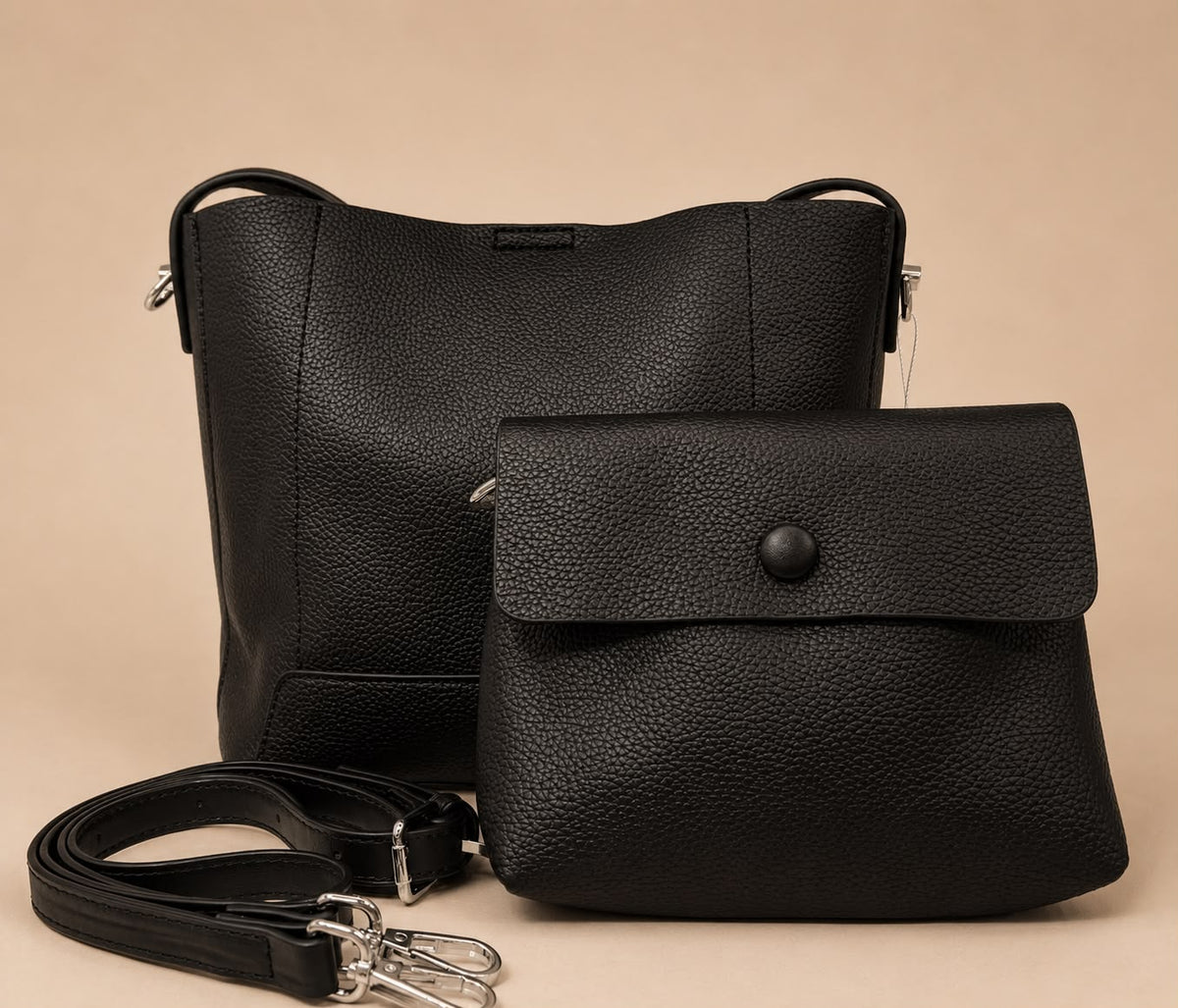 Textured Leather Bucket Shoulder Bag Set