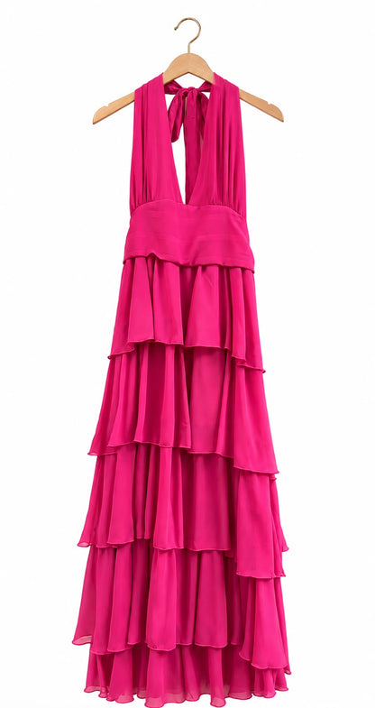 Crimson Cascade Halter Dress